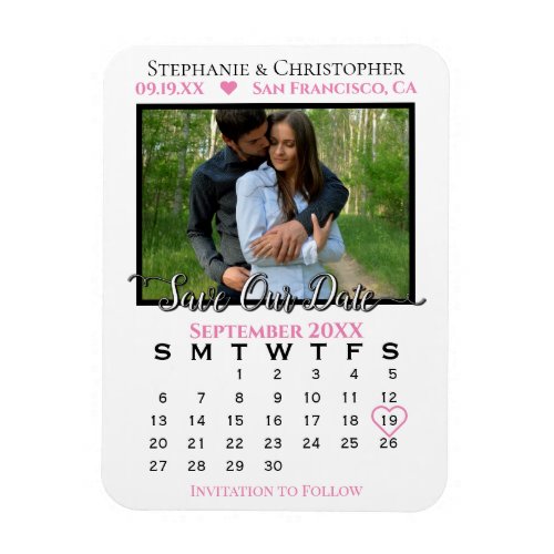 Pink  White Photo Calendar Save Our Date Wedding Magnet