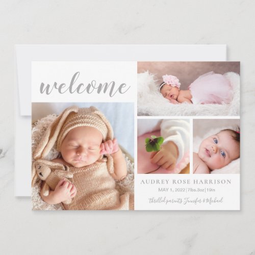 Pink White Photo Collage Baby Girl Welcome Birth Announcement