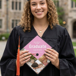 Pink & white photo collage memory graduation cap topper