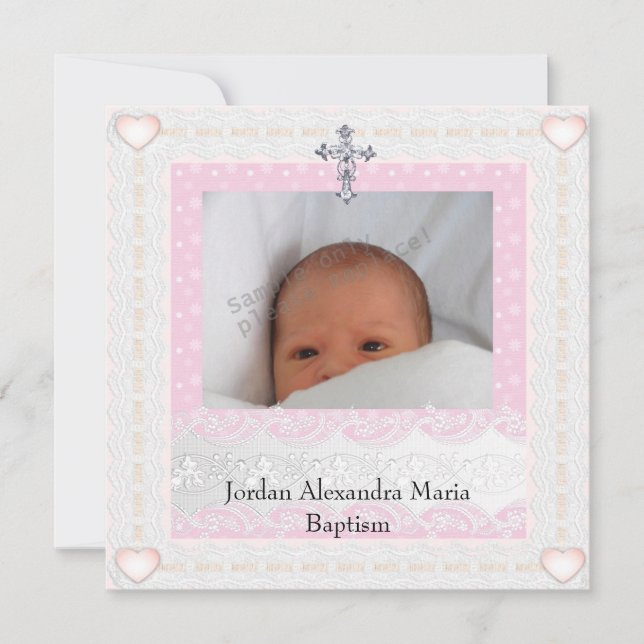 Pink White Photo Frame Jewel Cross Baptism Invitation (Front)