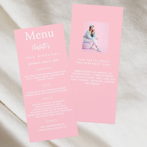 Pink white photo fun facts birthday menu card