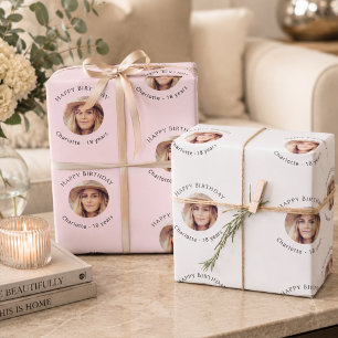Pink White Photo Girl Birthday Wrapping Paper Sheets