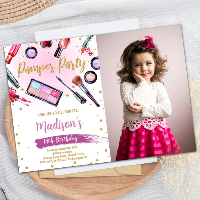 Pink White Photo Pamper Party Birthday Invitations (Pink White Photo Pamper Party Birthday Invitations)