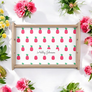 Pink White Pineapple Pattern Chic Serving Tray