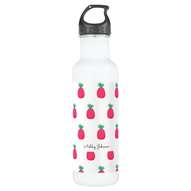 Pink White Pineapple Pattern Chic Stainless Steel Water Bottle (Front)