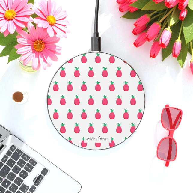 Pink White Pineapple Pattern Wireless Charger (Creator Uploaded)
