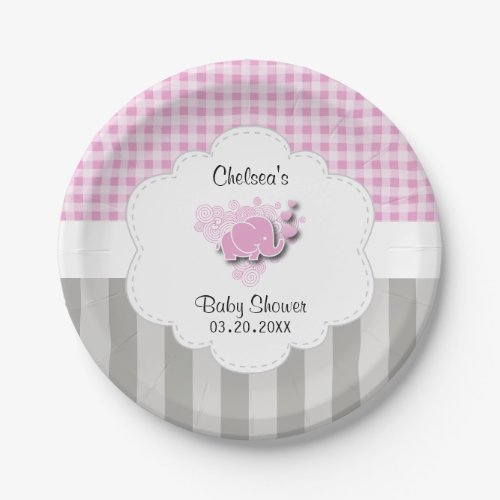 Pink  White Plaid and Gray Stripes Baby Elephant Paper Plates