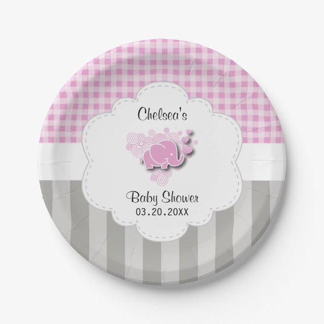 Pink & White Plaid and Gray Stripes Baby Elephant Paper Plates (Front)
