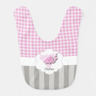 Pink & White Plaid and Gray Stripes with Elephant Bib