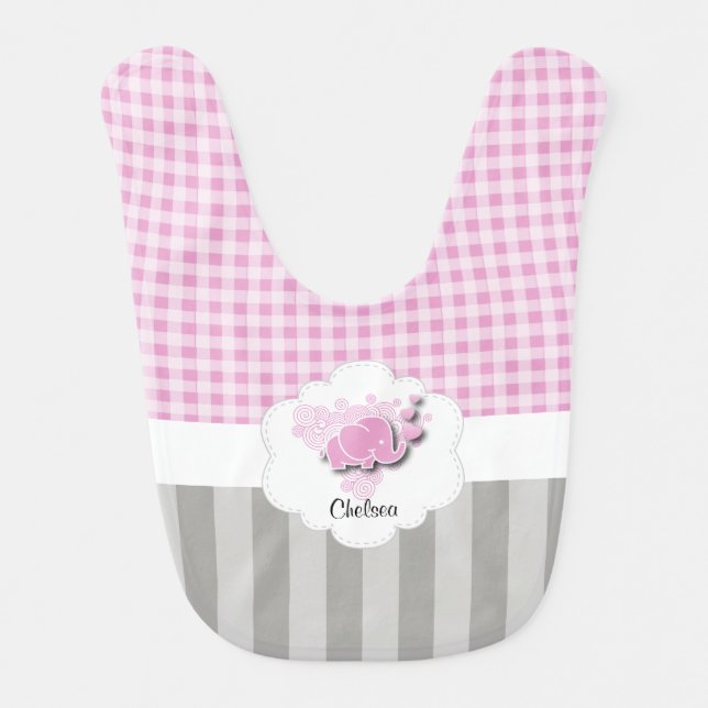 Pink & White Plaid and Gray Stripes with Elephant Bib (Front)