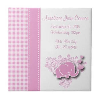 Pink & White Plaid Baby Elephant Birth Information Tile by DesignsbyDonnaSiggy at Zazzle
