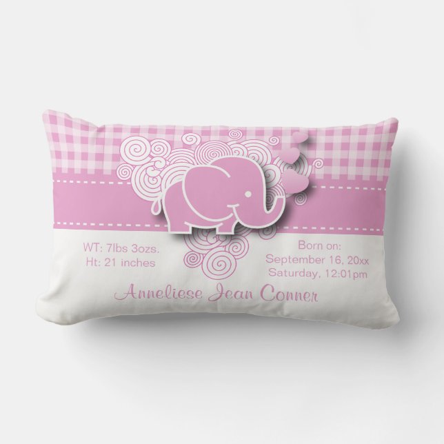 Pink & White Plaid Baby Elephant Birth Lumbar Pillow (Front)