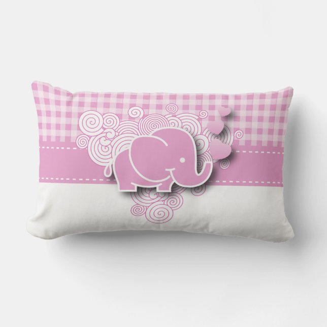 Pink & White Plaid Baby Elephant Lumbar Pillow (Front)