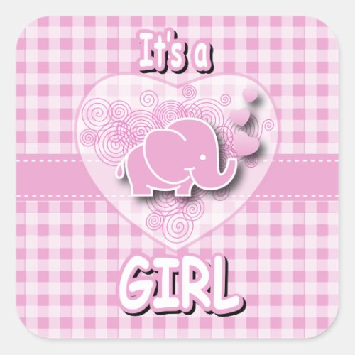 Pink  White Plaid Baby Elephant Square Sticker