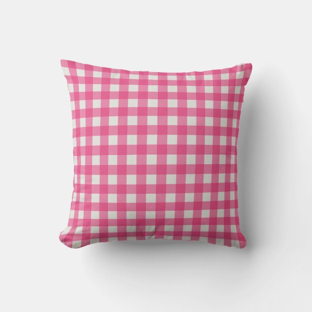 Pink white plaid checkered checkered gingham throw pillow (Front)