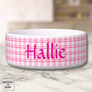 Pink White Plaid Pattern Pet Bowl