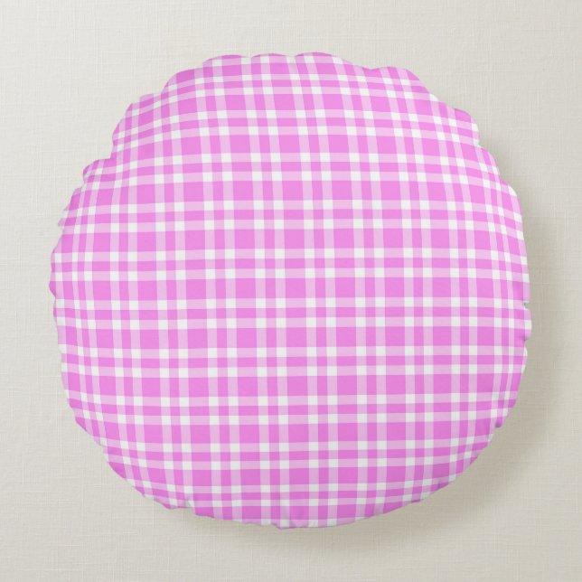 Pink White Plaid Pattern Round Pillow (Front)
