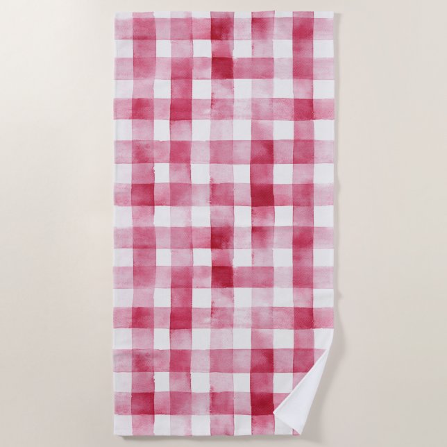 Pink White Plaid Stripes Birthday Beach Towel (Front)