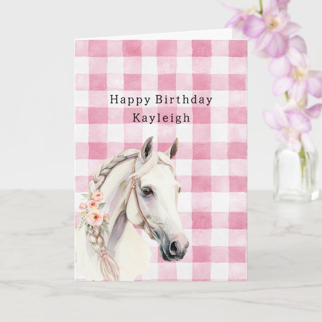 Pink White Plaid Stripes Birthday Card (Orchid)