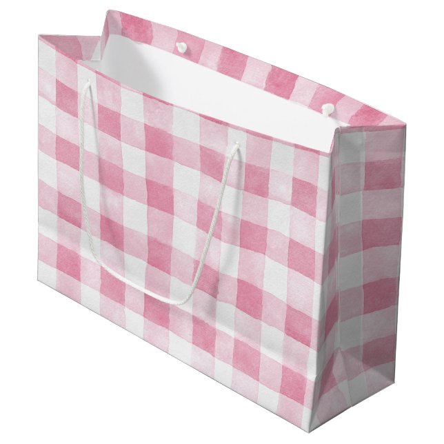 Pink White Plaid Stripes Birthday Large Gift Bag (Front Angled)