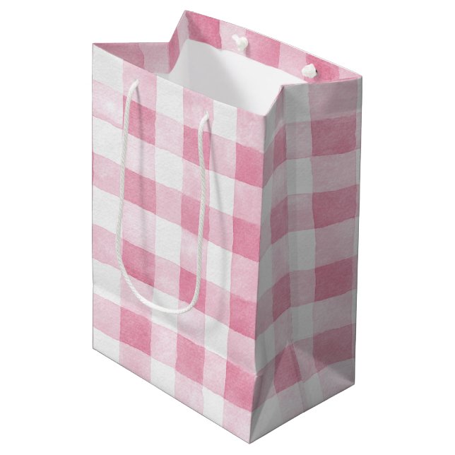 Pink White Plaid Stripes Birthday Medium Gift Bag (Front Angled)