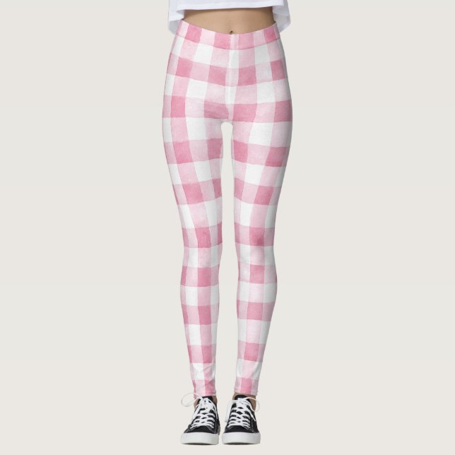 Pink White Plaid Stripes Leggings (Front)