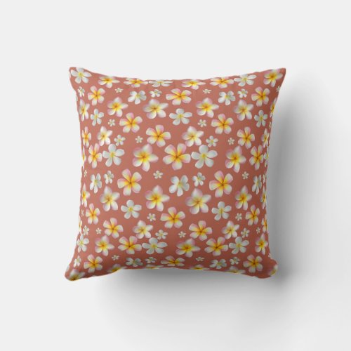 Pink  White Plumeria Flowers on Apple Cider Color Throw Pillow