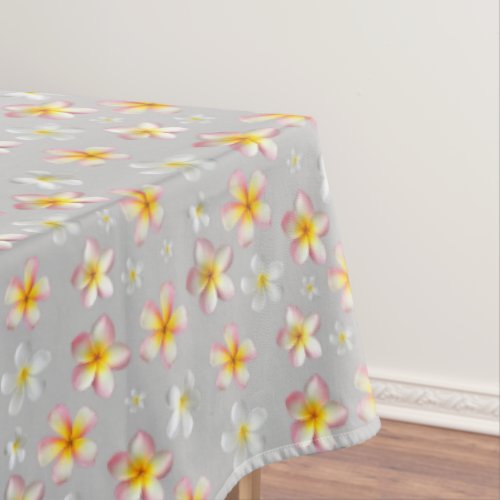 Pink  White Plumeria Flowers on Light Gray Tablecloth