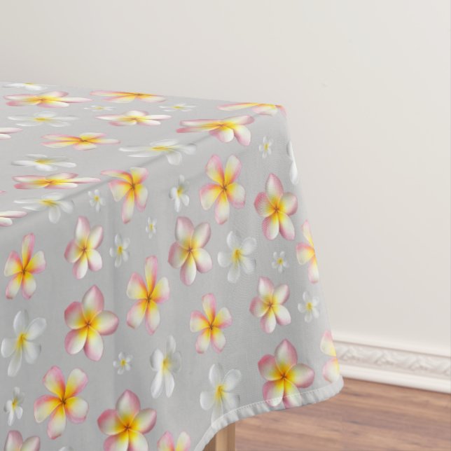 Pink & White Plumeria Flowers on Light Gray Tablecloth (In Situ)