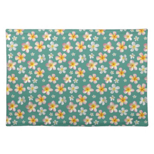 Pink  White Plumeria Flowers on Teal Cloth Placemat