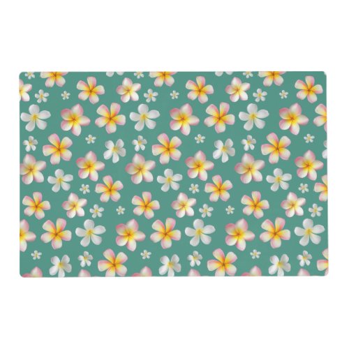 Pink  White Plumeria Flowers on Teal Placemat