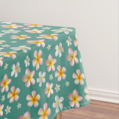 Pink  White Plumeria Flowers on Teal Tablecloth