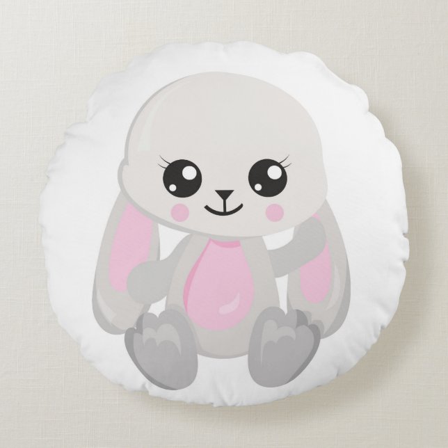 PINK & WHITE PLUSH BUNNIES ROUND PILLOW (Front)