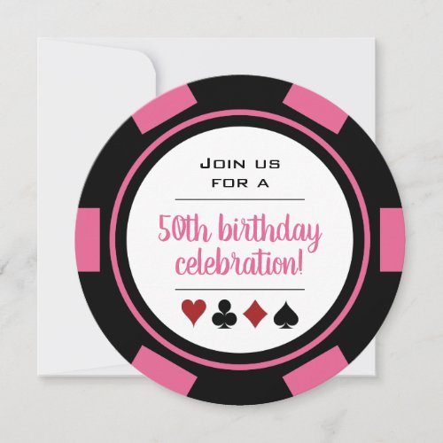 Pink White Poker Chip Las Vegas Casino Birthday Invitation