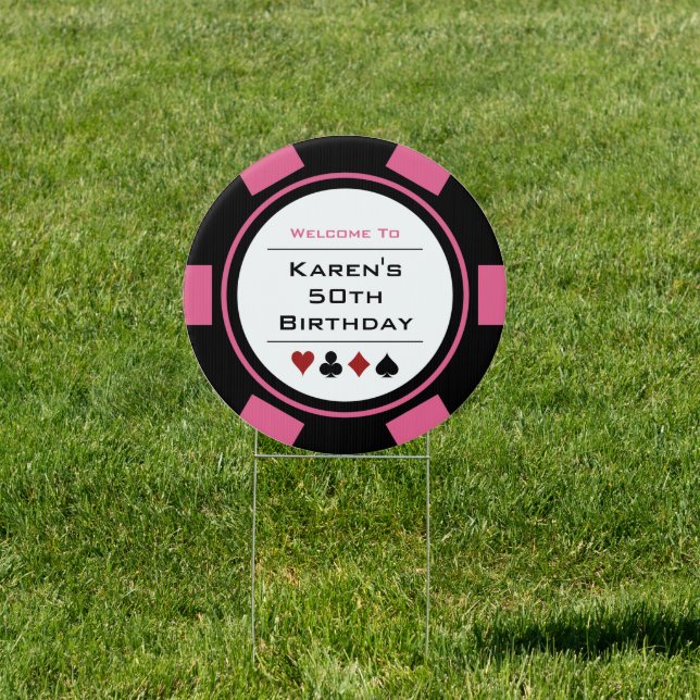 Pink White Poker Chip Welcome To Birthday Party Sign (Insitu)