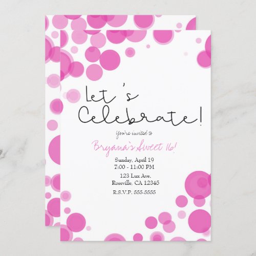 Pink White Polka Dot Bubbles Lets Celebrate Party Invitation
