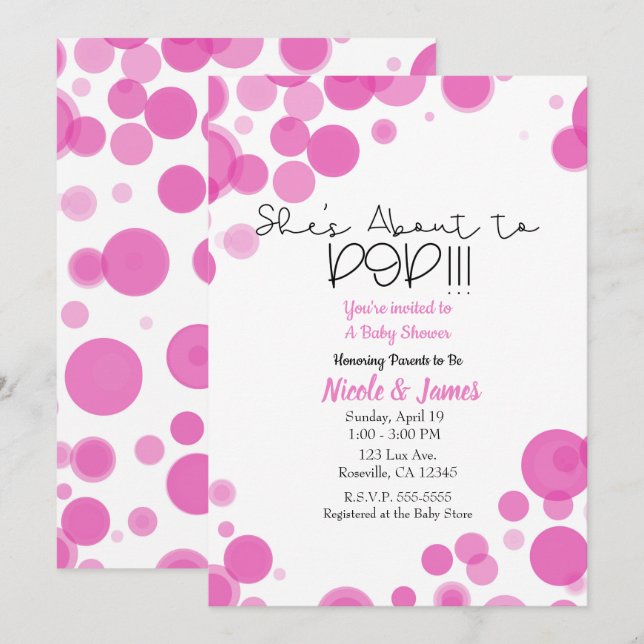 Pink & White Polka Dot Bubbles She's About to POP Invitation (Front/Back)