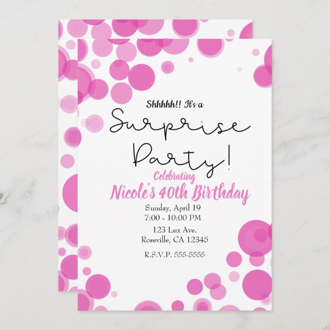 Pink & White Polka Dot Bubbles Surprise Party Invitation (Front/Back)
