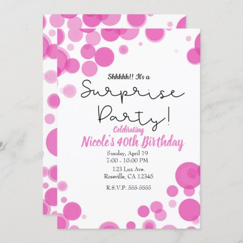 Pink  White Polka Dot Bubbles Surprise Party Invitation