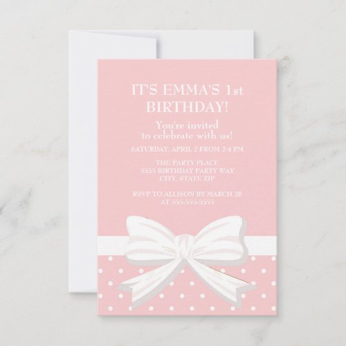 Pink White Polka Dot Little Girl First Birthday Invitation