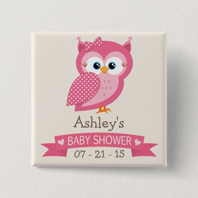 Pink & White Polka Dot Owl Baby Shower Button (Front)