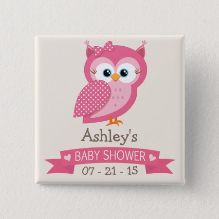 Pink & White Polka Dot Owl Baby Shower Button