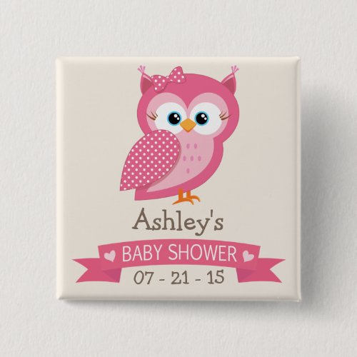 Pink  White Polka Dot Owl Baby Shower Button