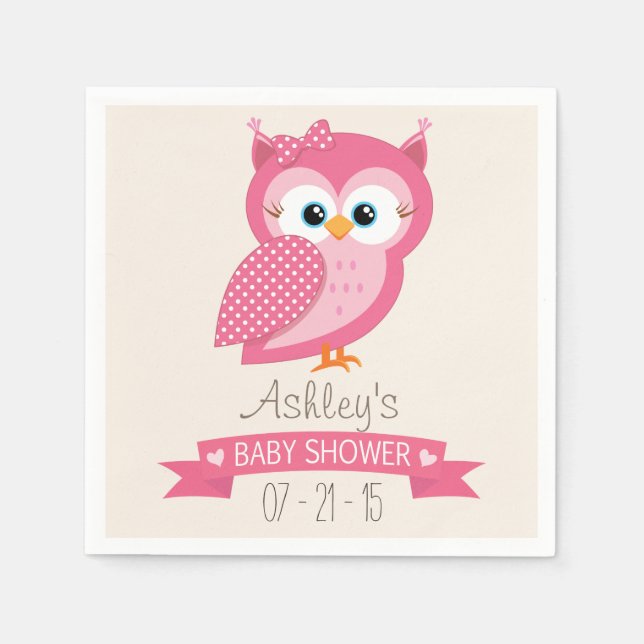 Pink & White Polka Dot Owl Baby Shower Napkins (Front)
