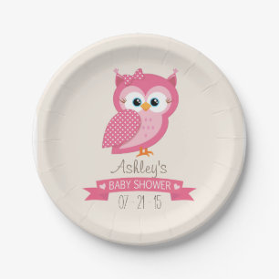 Pink & White Polka Dot Owl Baby Shower Paper Plates