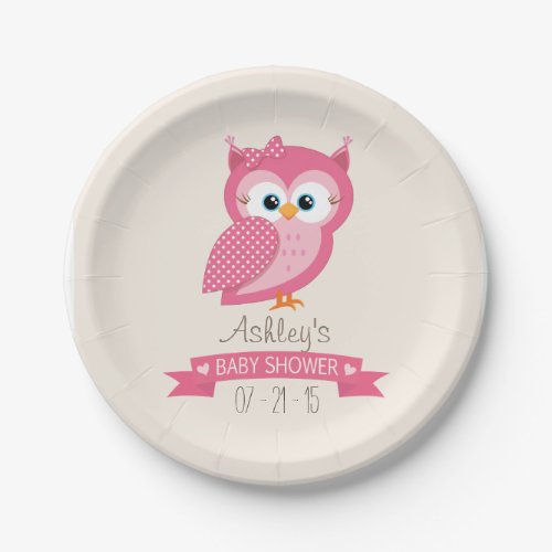 Pink  White Polka Dot Owl Baby Shower Paper Plates