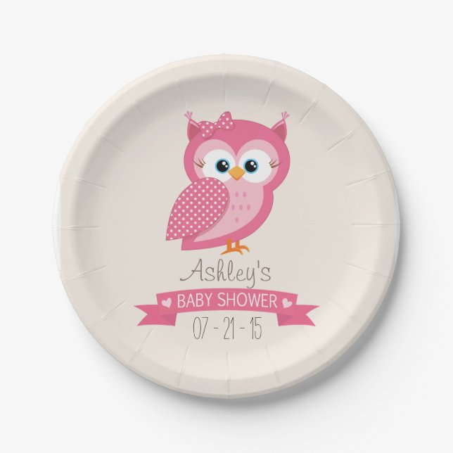Pink & White Polka Dot Owl Baby Shower Paper Plates (Front)