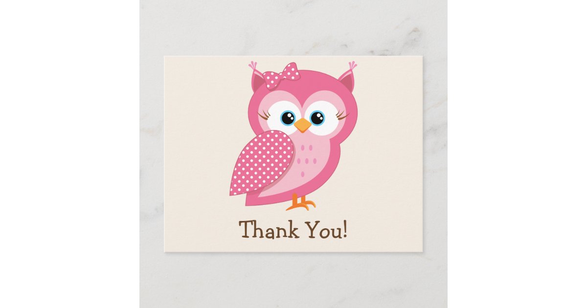 Pink & White Polka Dot Owl Thank You Postcard | Zazzle