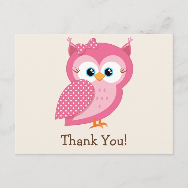 Pink & White Polka Dot Owl Thank You Postcard (Front)