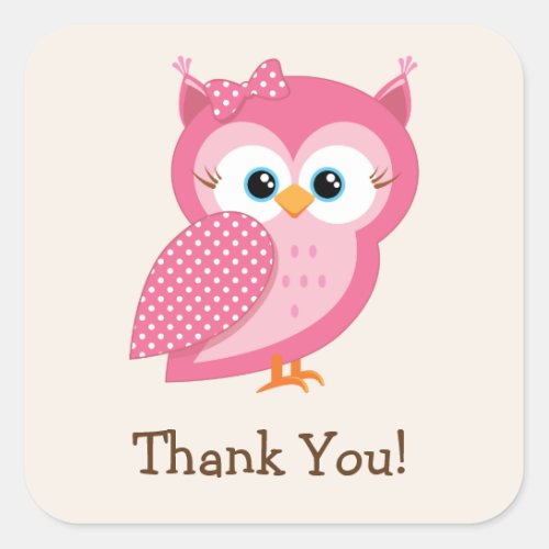 Pink  White Polka Dot Owl Thank You Square Sticker